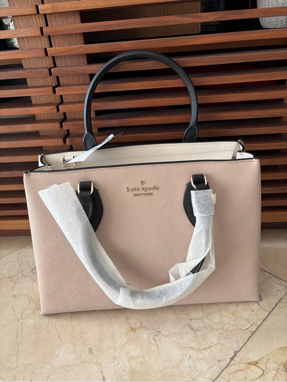 Kate Spade Rae Medium Satchel Warm Beige Black Saffiano NWT KK992